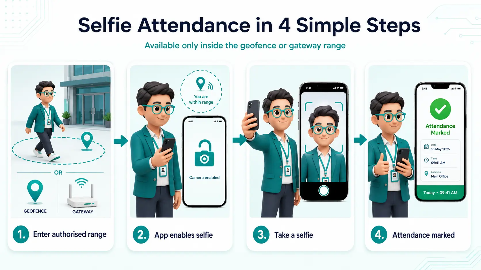 Four steps: enter the authorised range, the app enables the selfie, take a selfie, attendance marked