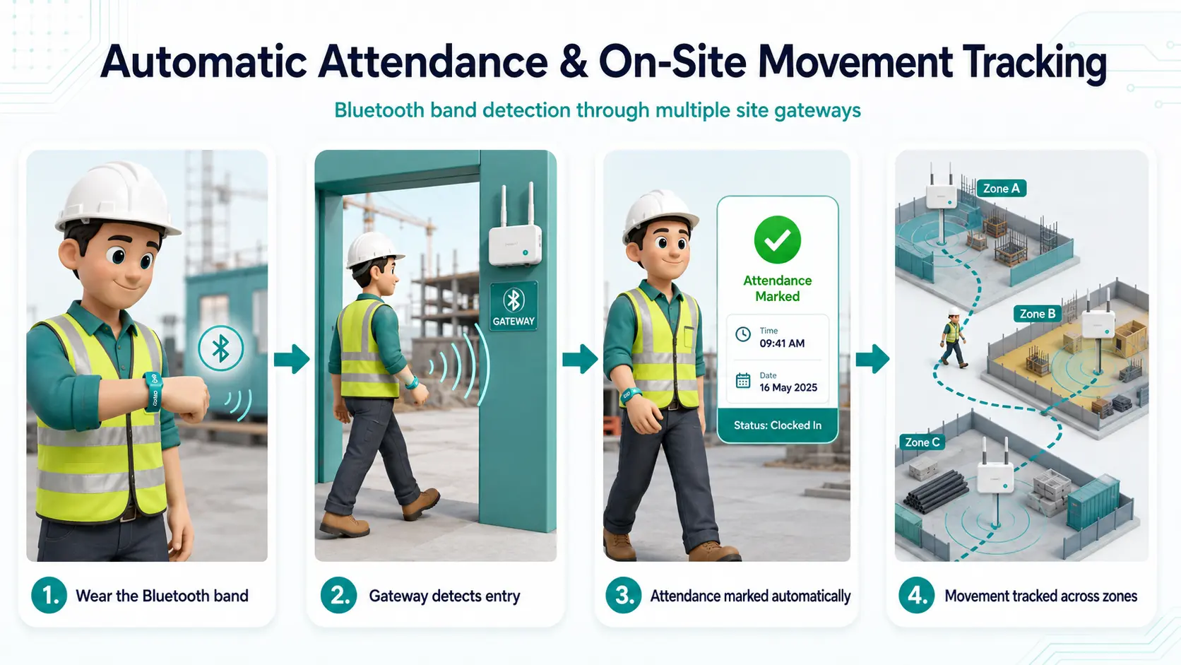 Four steps: wear the band, a gateway detects entry, attendance marked automatically, movement tracked across zones